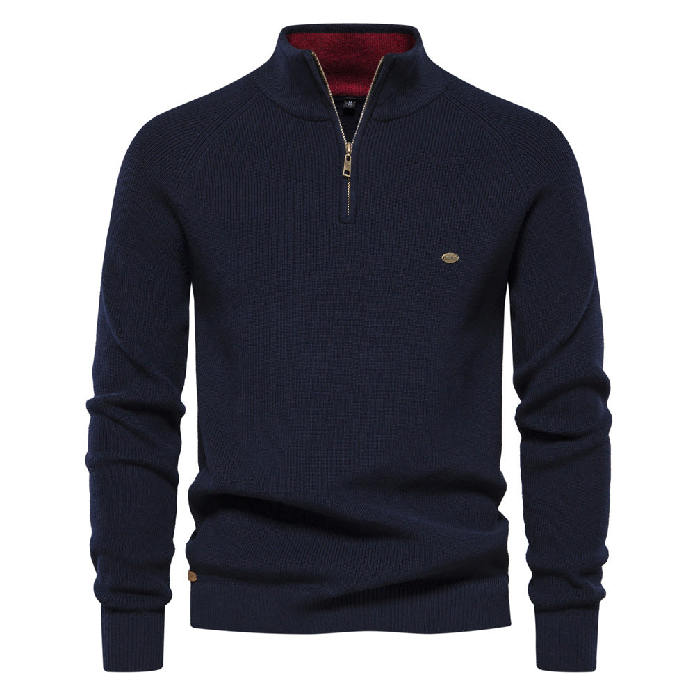 Dark Blue Textured Emblem Quarter Zip Sweater front view
