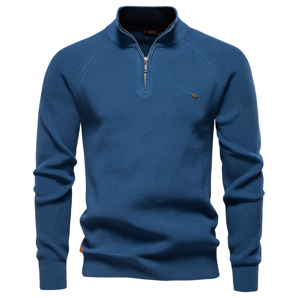 Blue Textured Emblem Quarter Zip Sweater front view