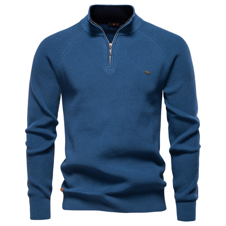 Blue Textured Emblem Quarter Zip Sweater front view