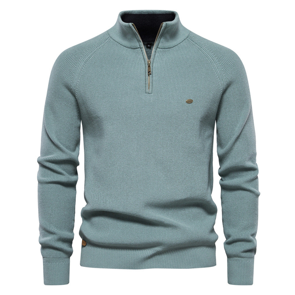 Green Textured Emblem Quarter Zip Sweater front view