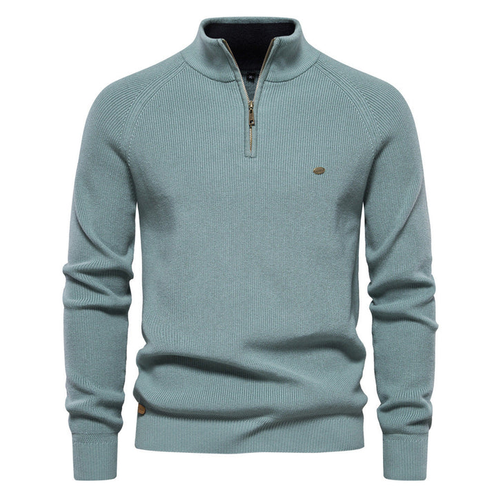 Green Textured Emblem Quarter Zip Sweater front view