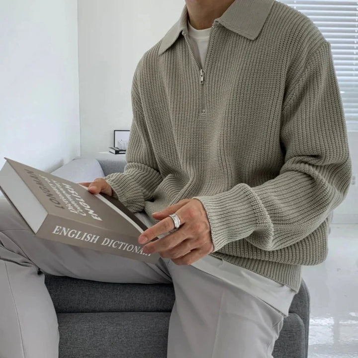 Gray Textured Quarter Zip Sweater front view