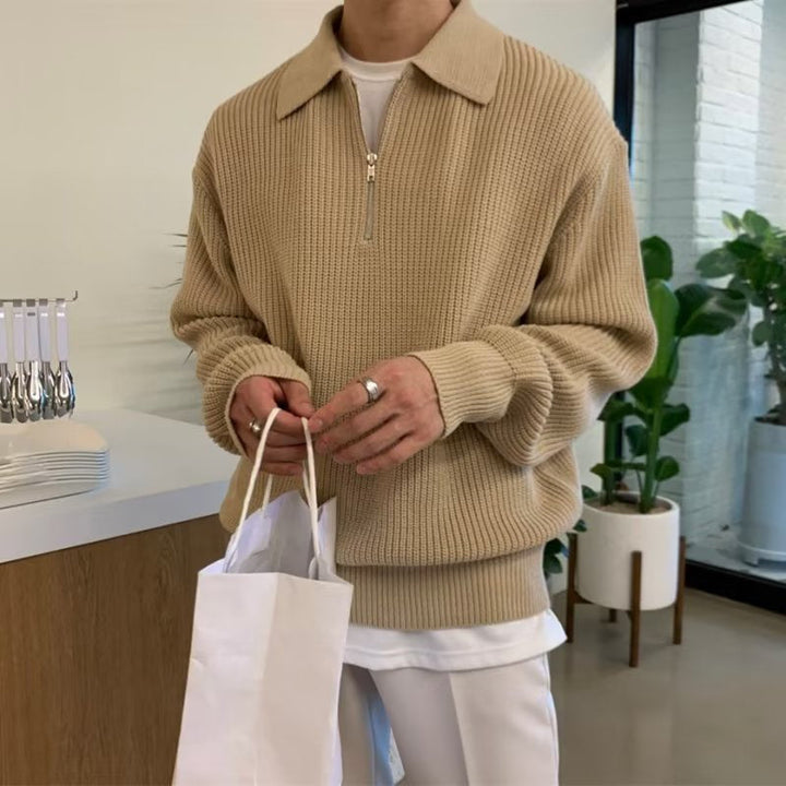 Khaki Textured Quarter Zip Sweater front view