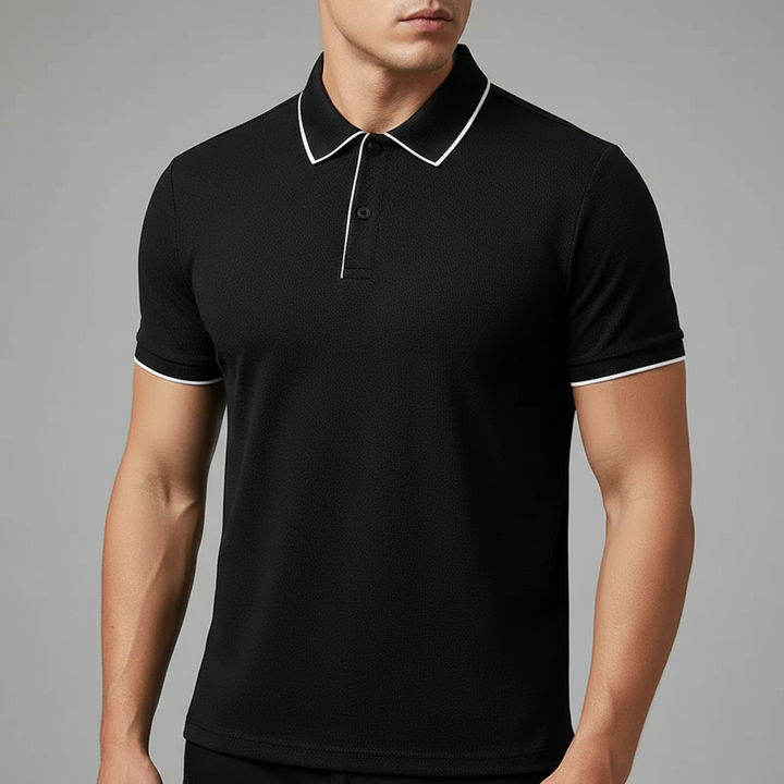 Black Textured Stretch-Knit Polo worn front view