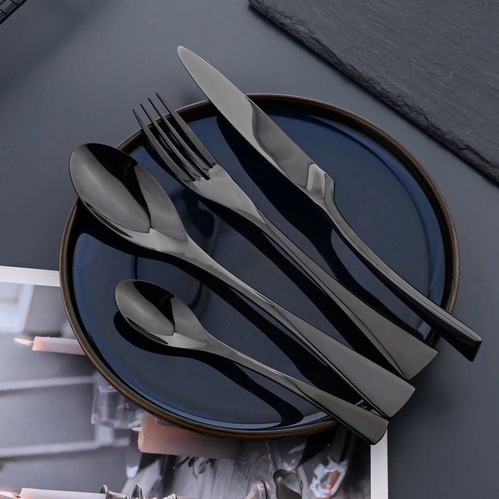 Modern Black Stainless Steel Cutlery Set: 18/10 Dining Forks, Knives, Spoons