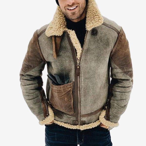 Gray and Beige Thick Fleece Zip Jacket front view