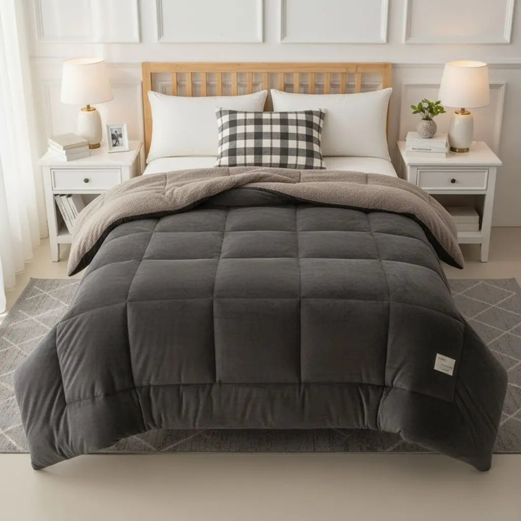 Dark Gray Thick Velvet Sherpa Winter Comforter on bed front view
