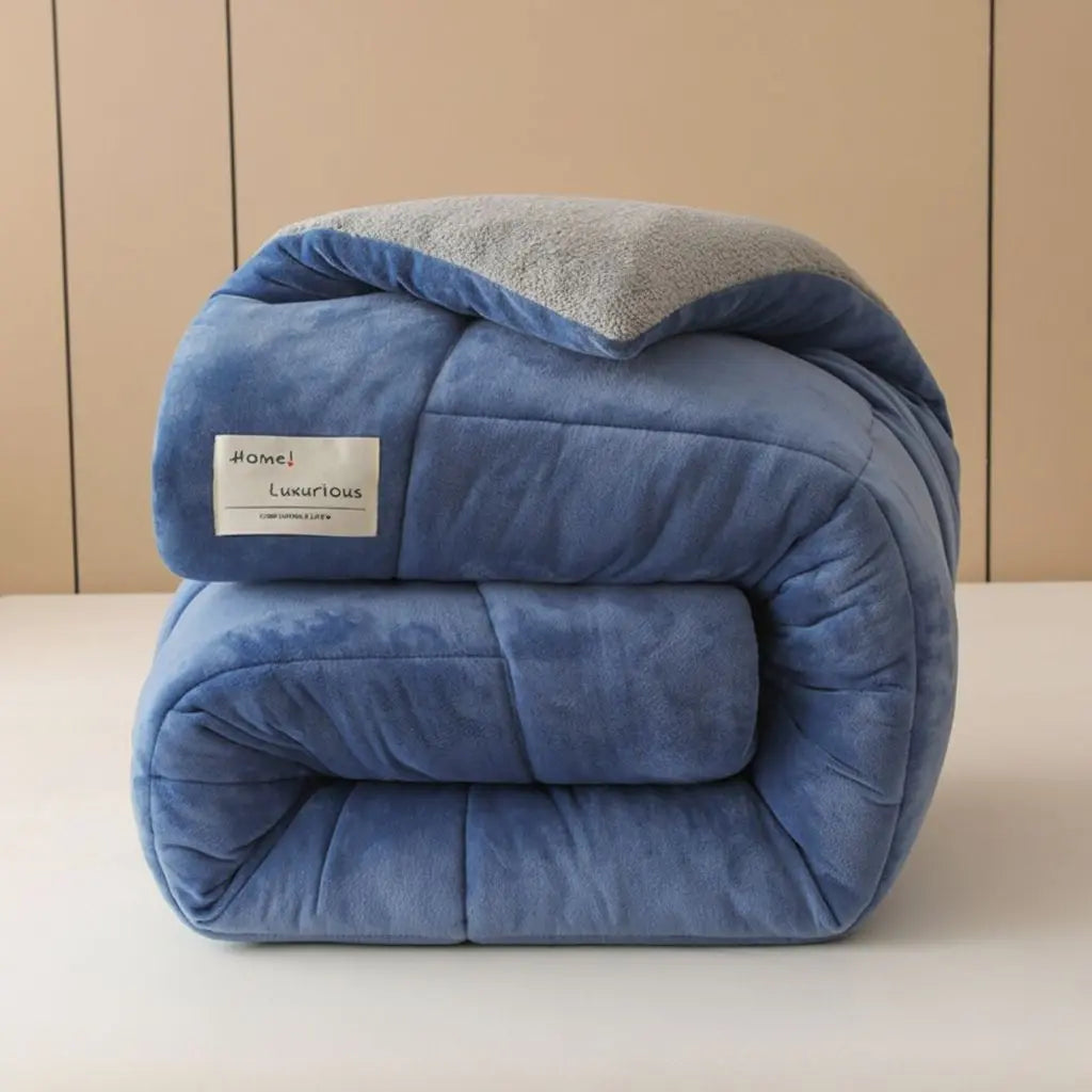 Dark Blue Thick Velvet Sherpa Winter Comforter folded view