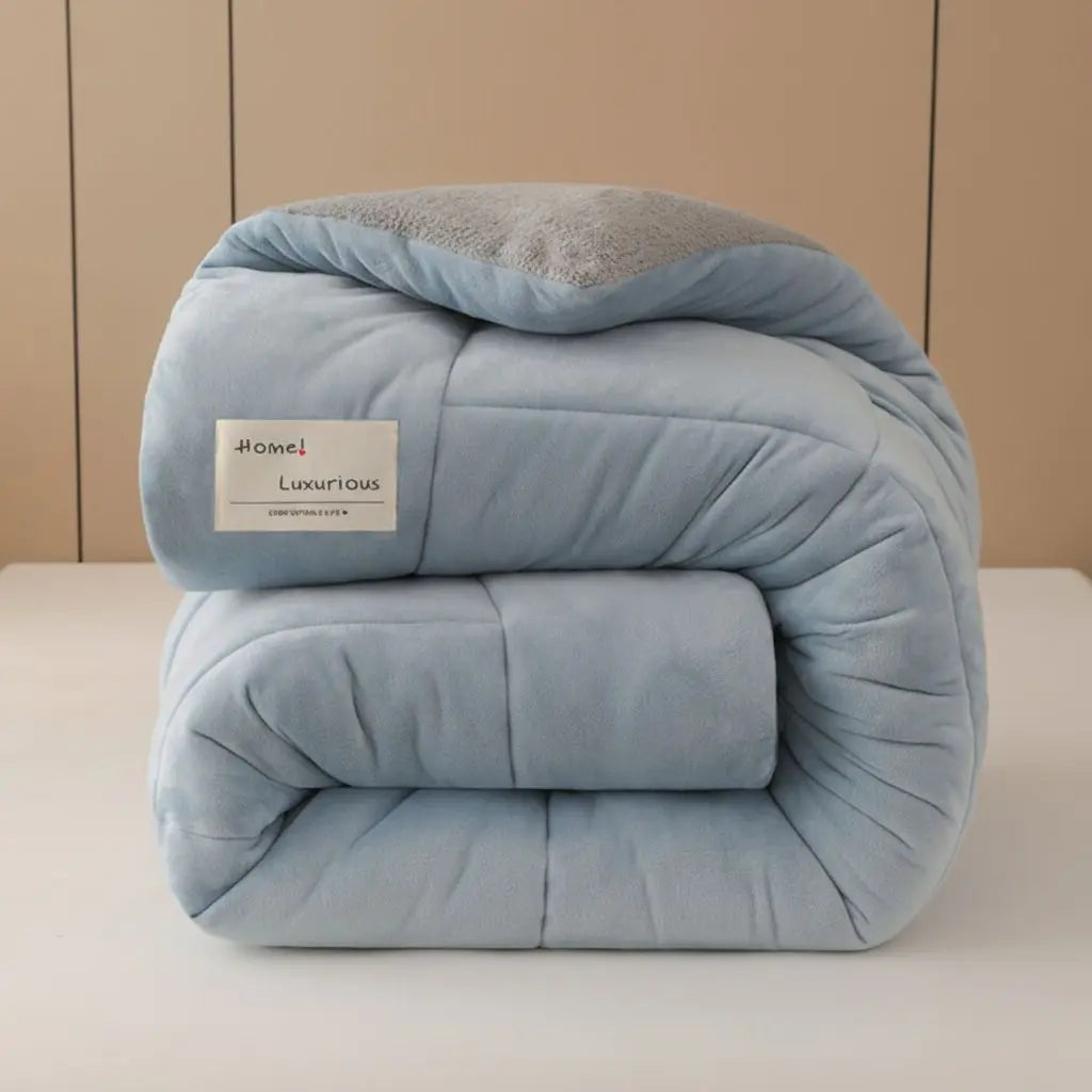 Light Blue Thick Velvet Sherpa Winter Comforter folded view