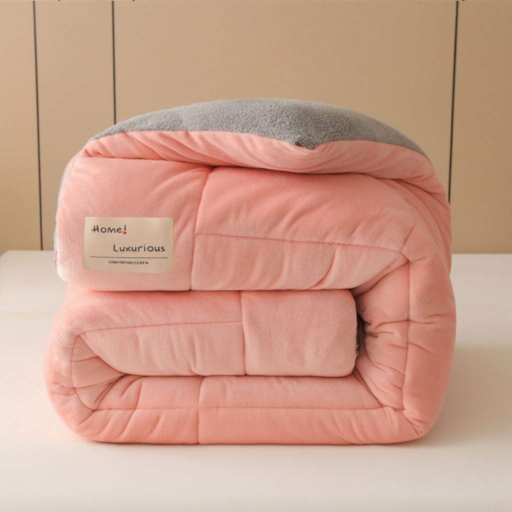 Pink Thick Velvet Sherpa Winter Comforter folded view
