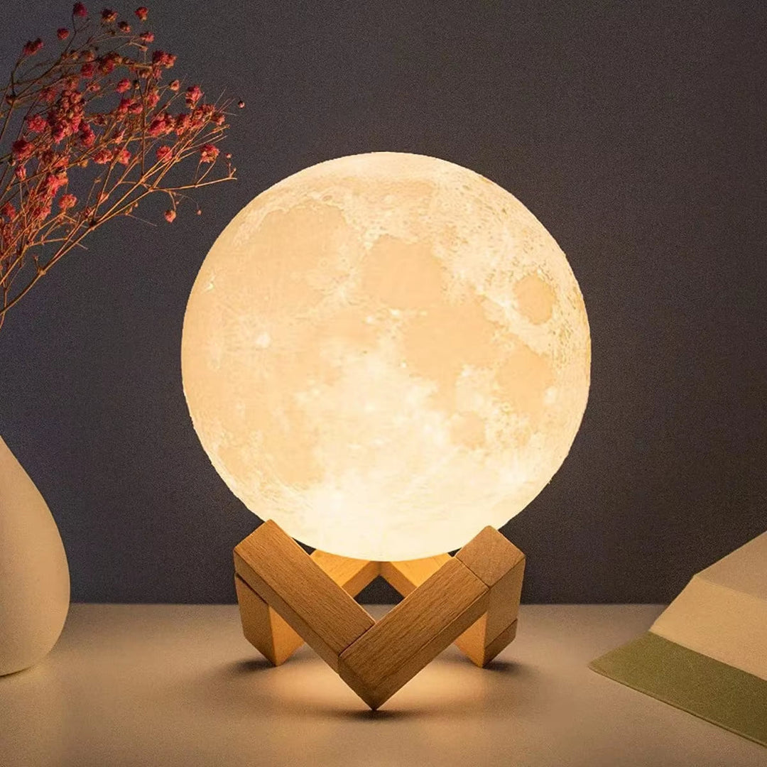Touch-Dimmable Moon Lamp on wooden stand desk lifestyle
