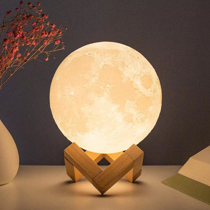 Touch-Dimmable Moon Lamp on wooden stand desk lifestyle