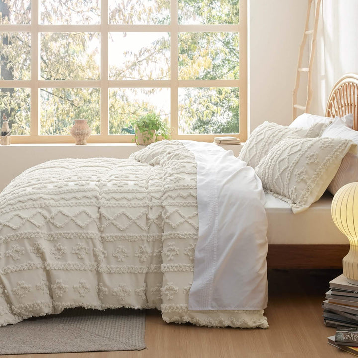 Tufted Boho Duvet Cover Set draped over a bed
