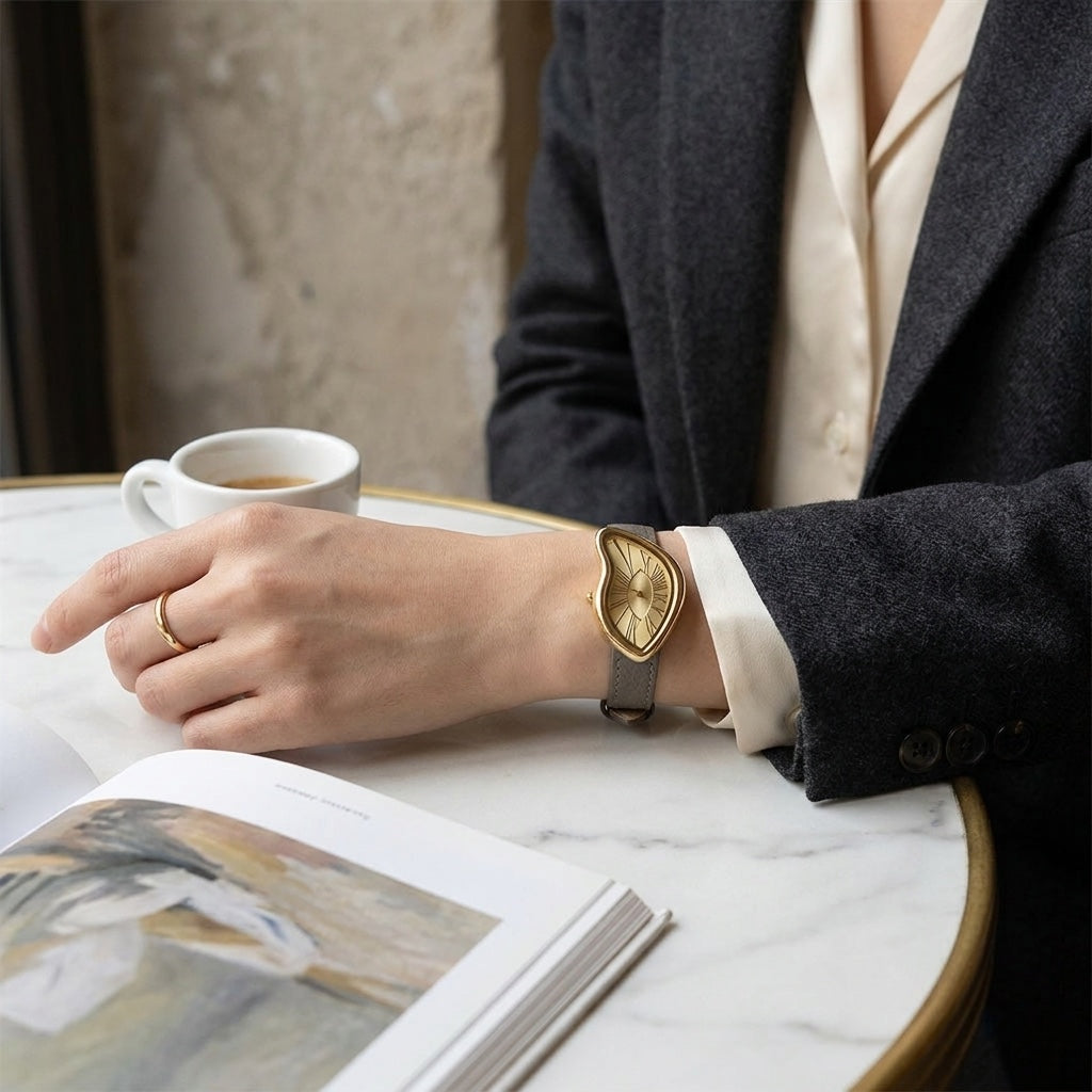 Twisted Gold-Tone Watch with taupe strap worn at cafe table