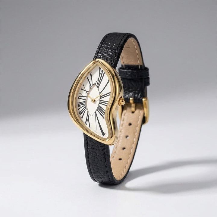 Twisted Gold-Tone Watch with white dial and black leather strap front view