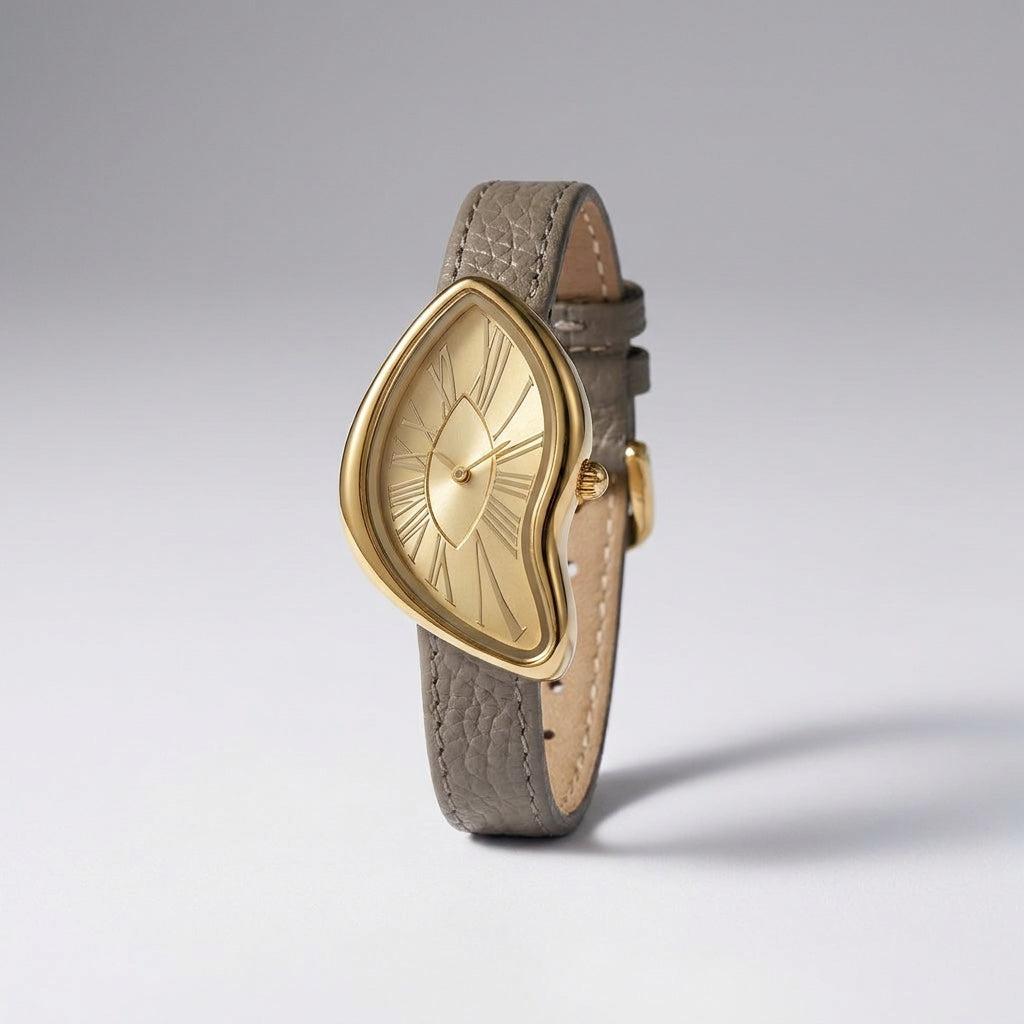 Twisted Gold-Tone Watch with gold dial and taupe leather strap front view