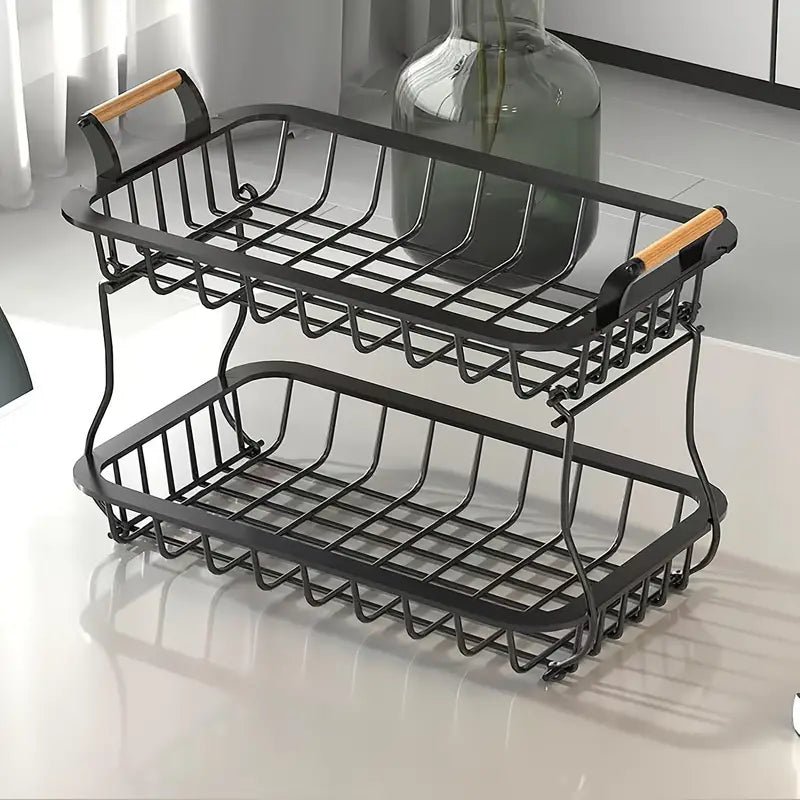 Black Two-Tier Metal Wire Fruit Basket empty