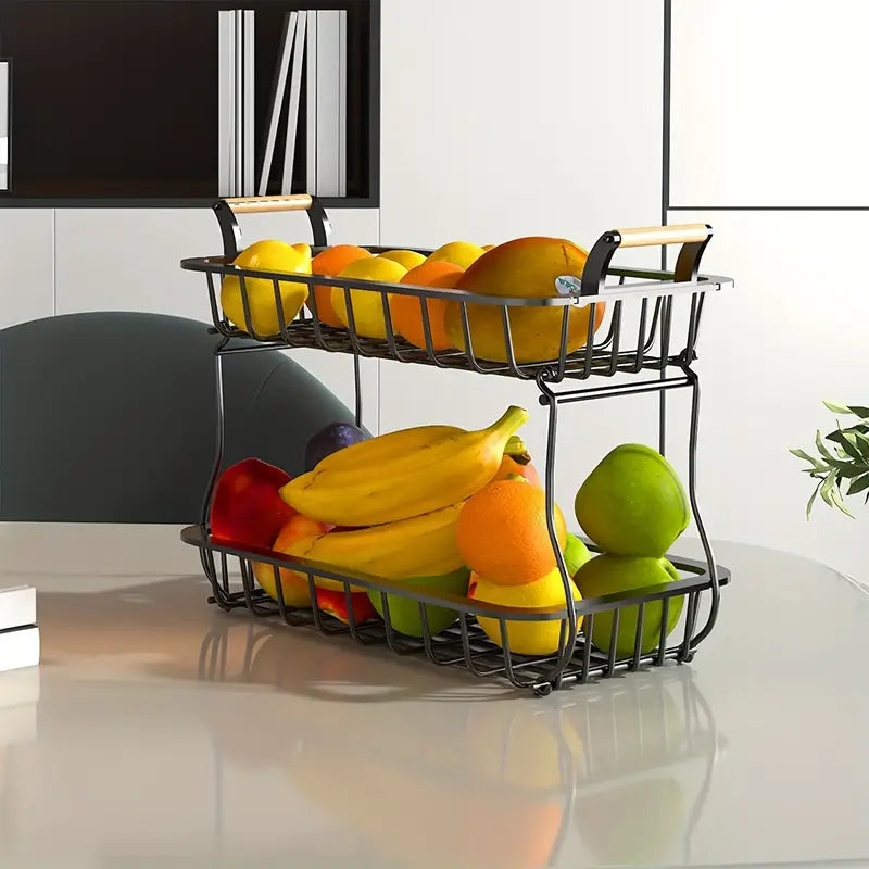 Black Two-Tier Metal Wire Fruit Basket filled with fruit