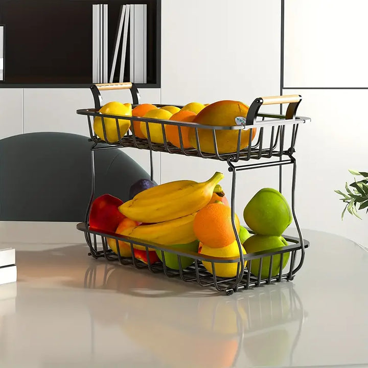 Black Two-Tier Metal Wire Fruit Basket filled with fruit