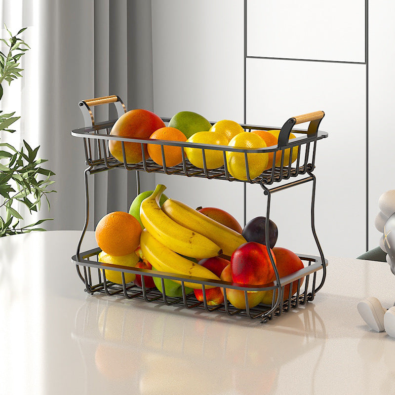 Black Two-Tier Metal Wire Fruit Basket on kitchen counter