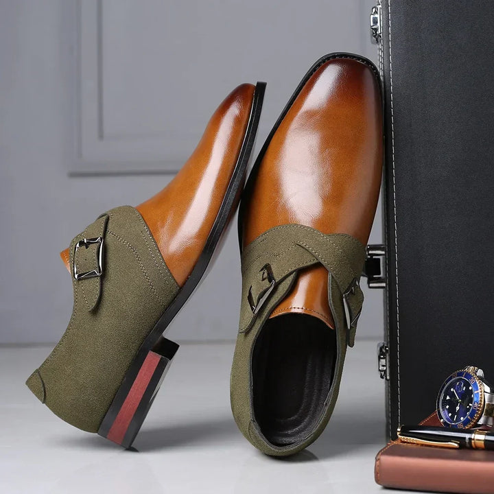 Brown Two-Tone Buckle Dress Shoes back and heel view