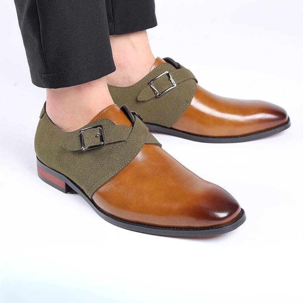 Brown Two-Tone Buckle Dress Shoes worn side view