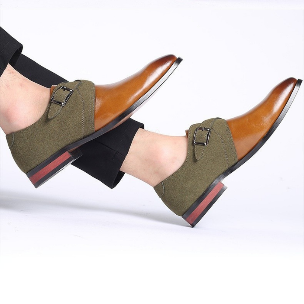 Brown Two-Tone Buckle Dress Shoes worn lifestyle