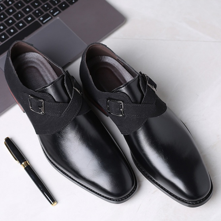 Black Two-Tone Buckle Dress Shoes pair angled view