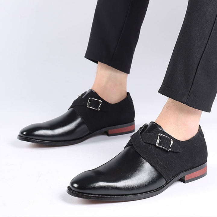 Black Two-Tone Buckle Dress Shoes worn side view