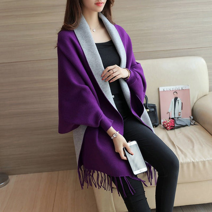 Purple Two-Tone Fringed Blanket Scarf worn lifestyle