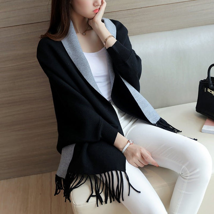 Black Two-Tone Fringed Blanket Scarf worn seated