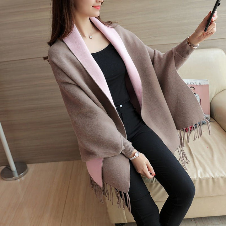 Khaki Two-Tone Fringed Blanket Scarf worn seated
