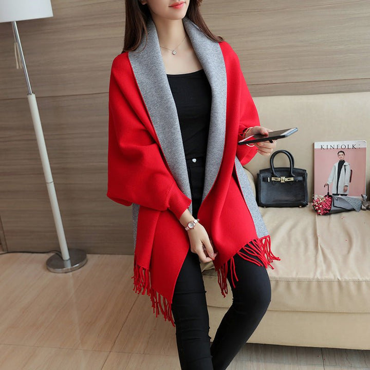 Red Two-Tone Fringed Wrap Scarf worn seated