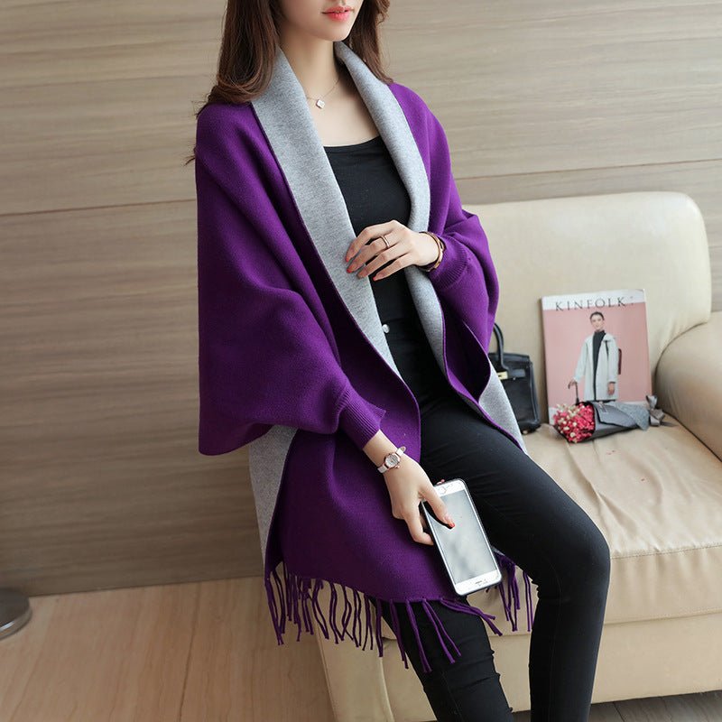 Purple Two-Tone Fringed Wrap Scarf worn seated
