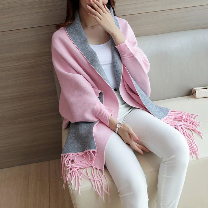 Pink Two-Tone Fringed Wrap Scarf worn seated