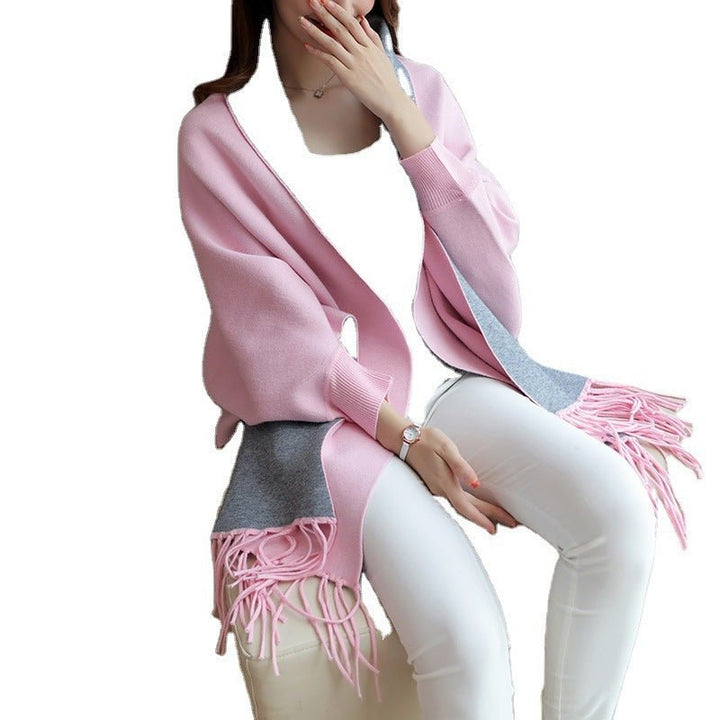 Pink Two-Tone Fringed Wrap Scarf worn on white background