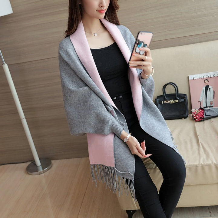 Gray Two-Tone Fringed Wrap Scarf worn lifestyle