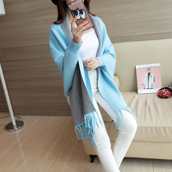 Blue Two-Tone Fringed Wrap Scarf worn seated