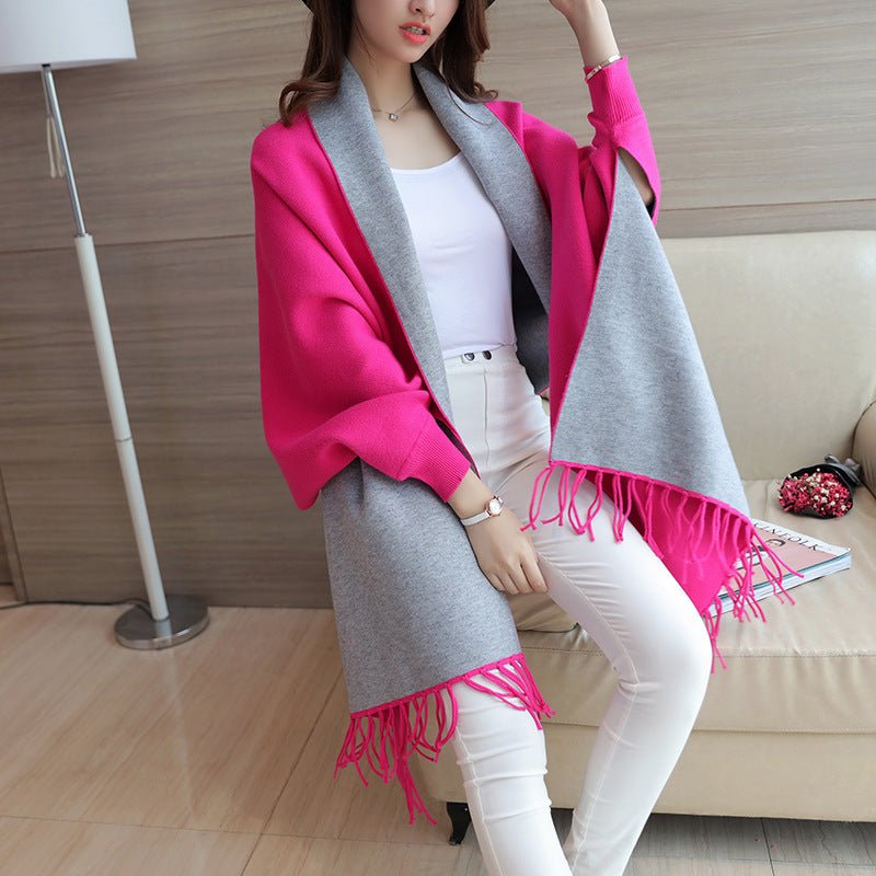 Magenta Two-Tone Fringed Wrap Scarf worn seated