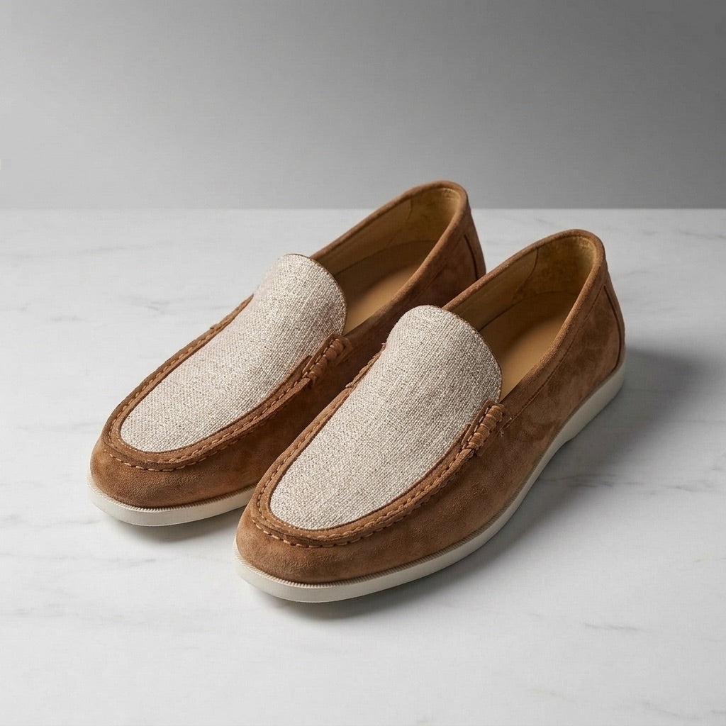 Brown Two-Tone Suede Loafers pair angled view