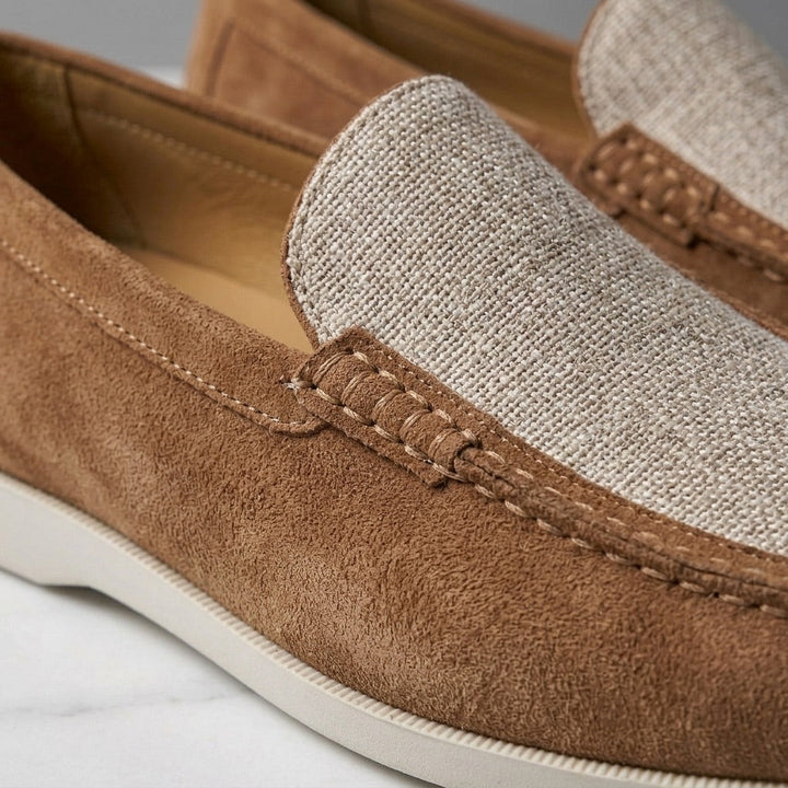 Brown Two-Tone Suede Loafers canvas vamp and stitching detail