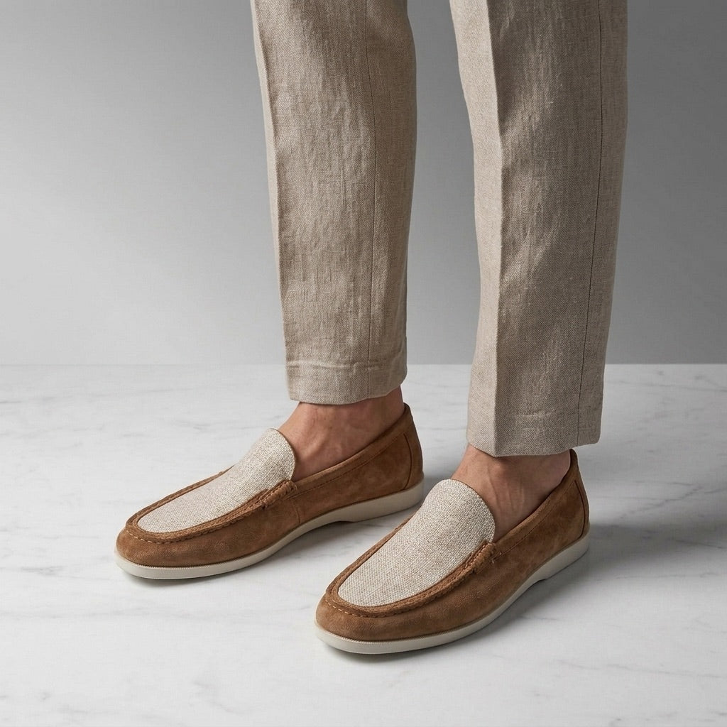 Brown Two-Tone Suede Loafers worn with linen trousers