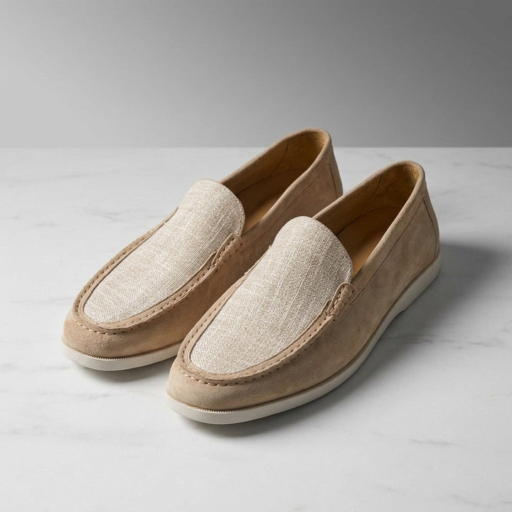 Beige Two-Tone Suede Loafers pair angled view