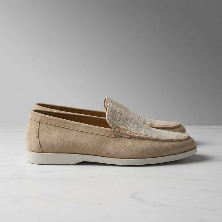 Beige Two-Tone Suede Loafers side view