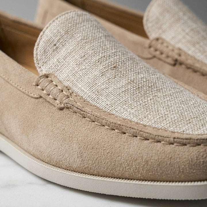 Beige Two-Tone Suede Loafers canvas vamp and stitching detail