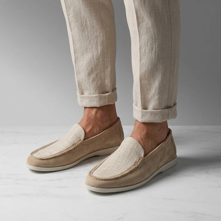 Beige Two-Tone Suede Loafers worn with linen trousers
