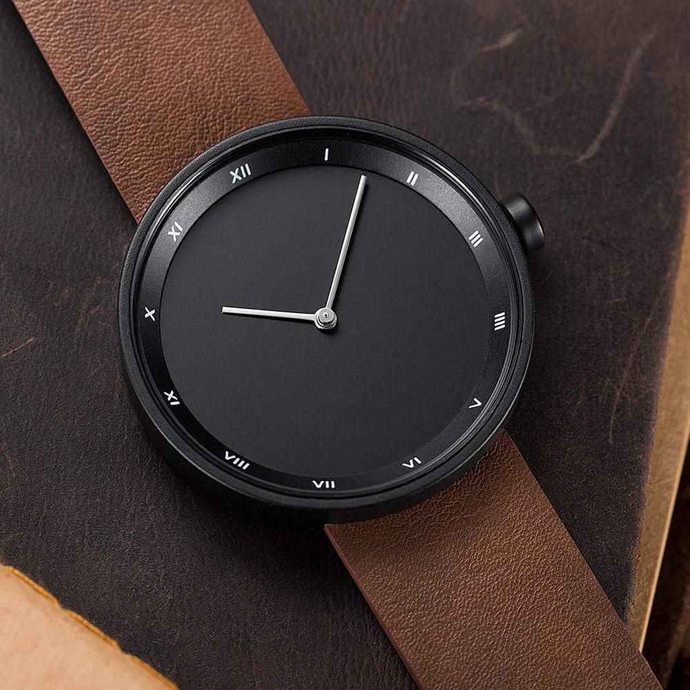Brown + Black Minimal Roman Face Watch dial close-up