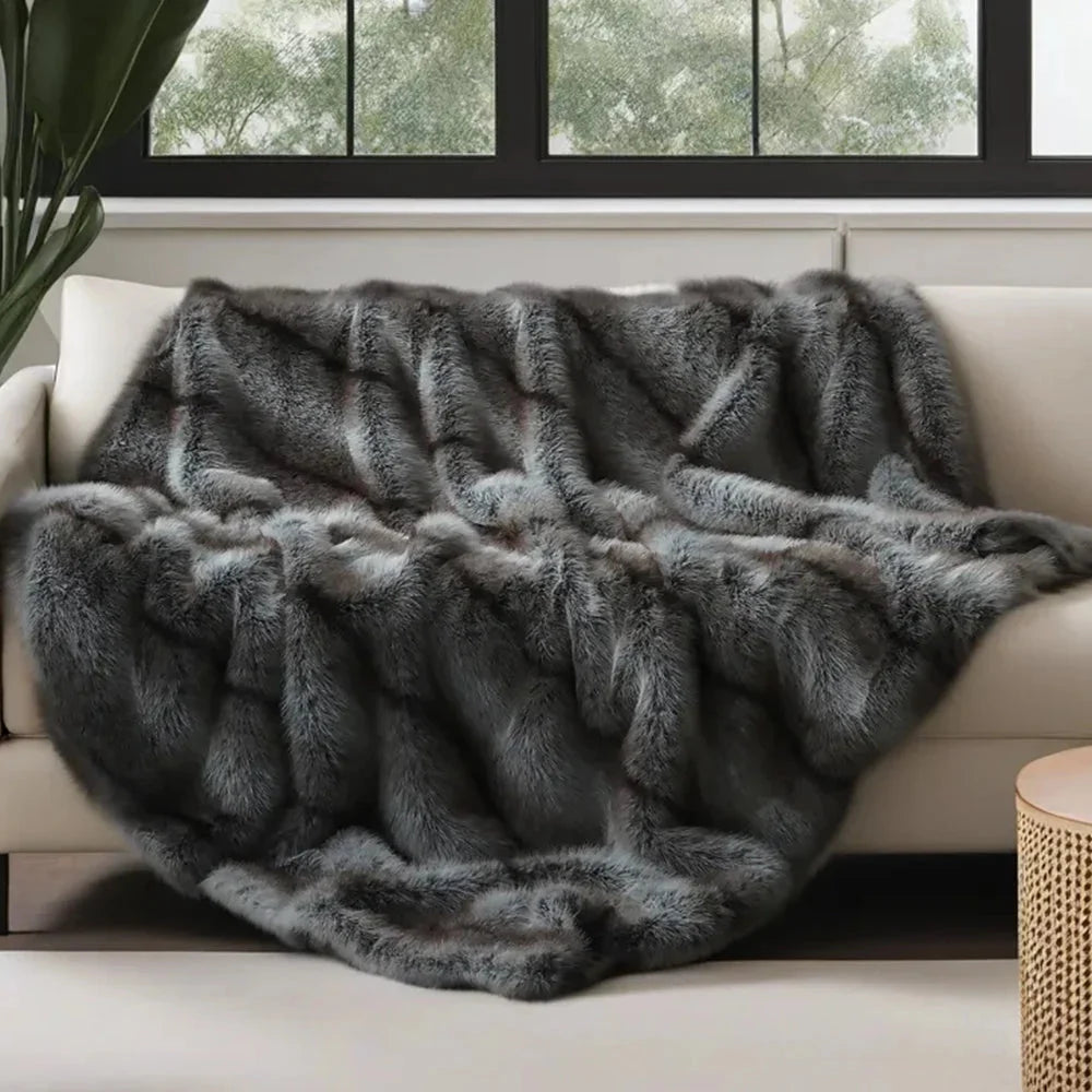 Grey Ultra-Thick Faux Fur Throw Blanket front view