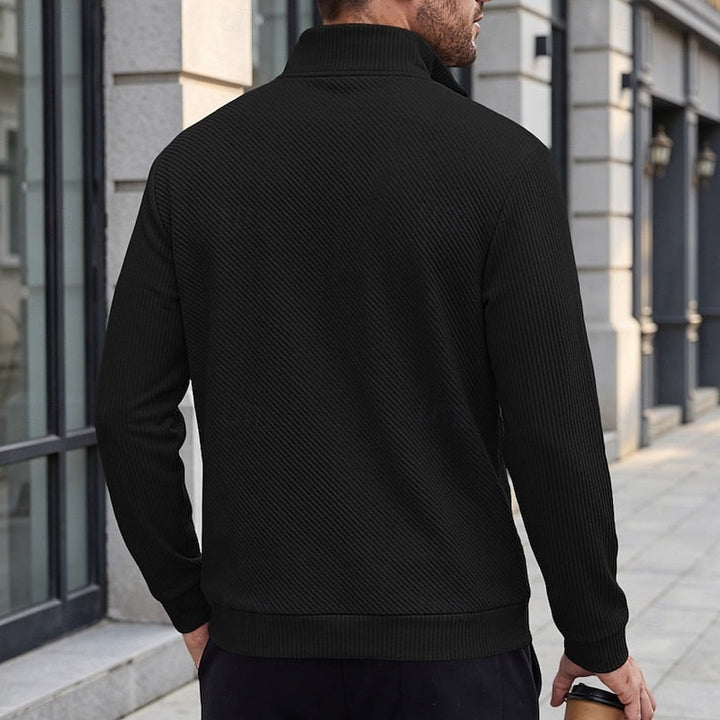 Diagonal Rib Quarter-Zip Sweater with Stand Collar