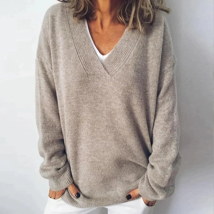 Beige V-Neck Cashmere Jumper front view